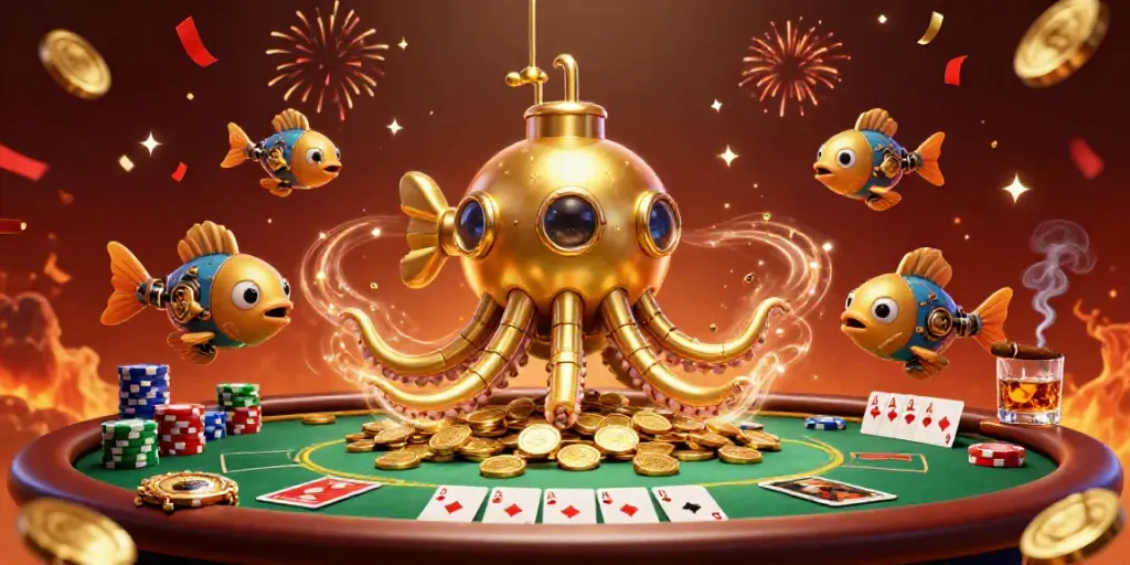 Experience the thrill of manclub's golden kraken submarine amidst gaming excitement and luxury casino elements.