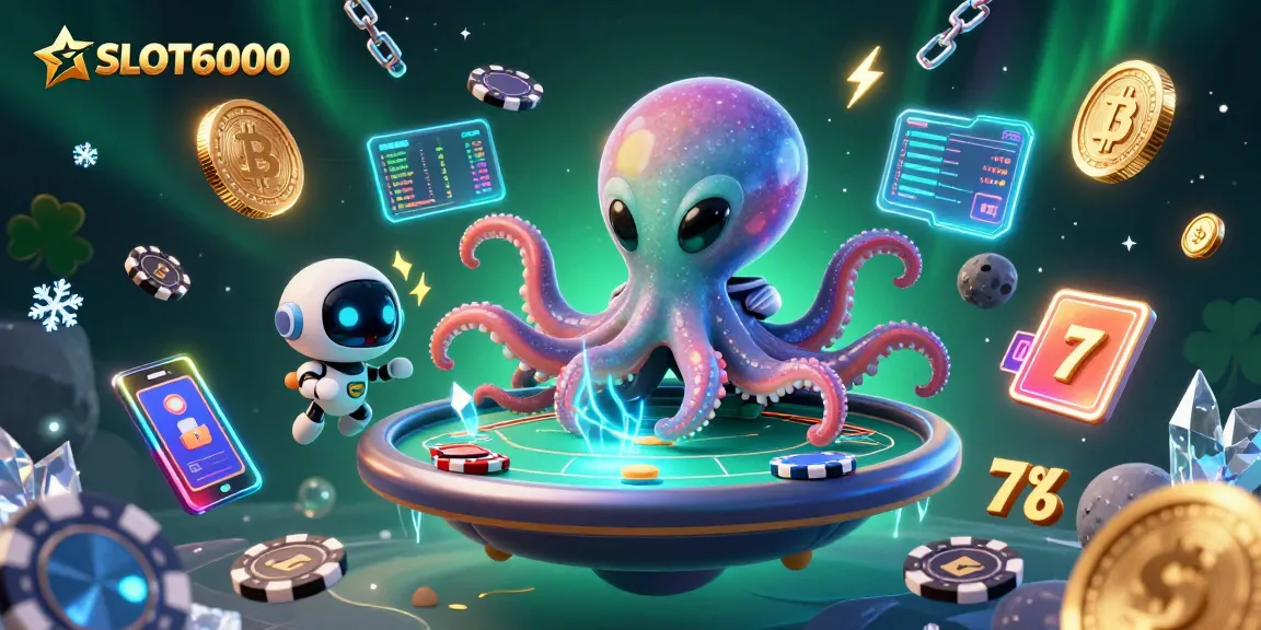 Experience exciting gaming at SLOT6000 with alien characters at a holographic poker table.