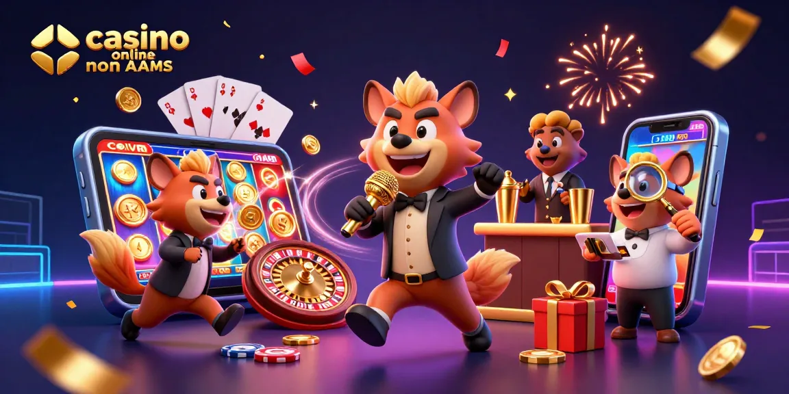Divertiti con casinò online non AAMS in un'illustrazione vibrante di un club comico con giochi emozionanti.