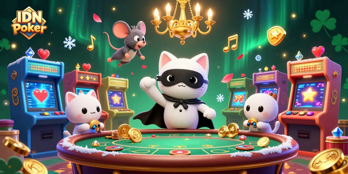 IDN Poker highlights an exciting game atmosphere with a phantom cat and mouse acrobat among vibrant casino elements.
