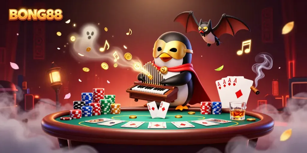 BONG88 casino illustration with a penguin playing an organ, golden coins flowing.