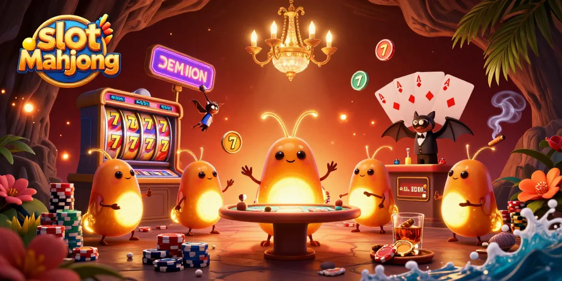 Experience the thrill of slot mahjong with a vibrant, animated casino scene featuring glowworms and a bat dealer.