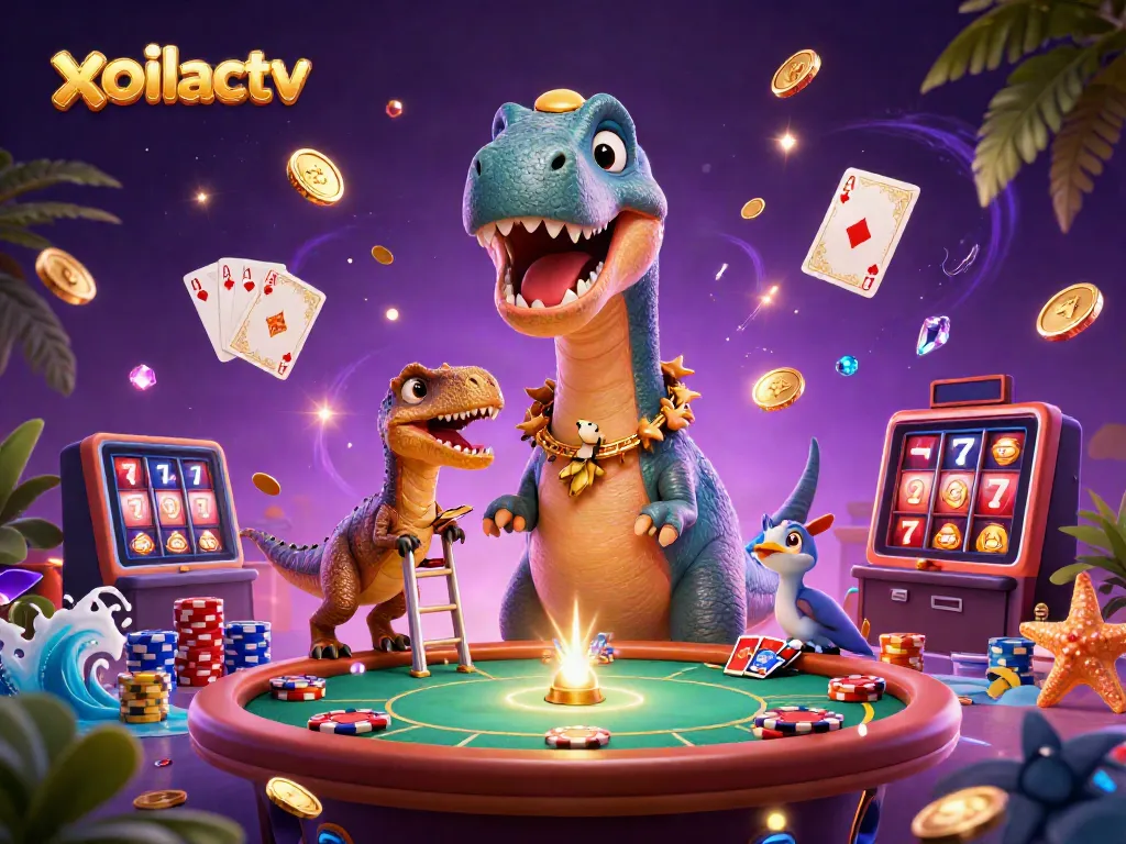 Experience epic thrills with xoilactv in a lively casino scene, featuring vibrant characters and dynamic gaming elements.