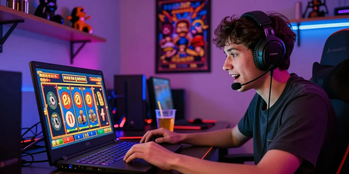 Player engaged in HWGSLOT online gaming with vibrant visuals and cozy setup