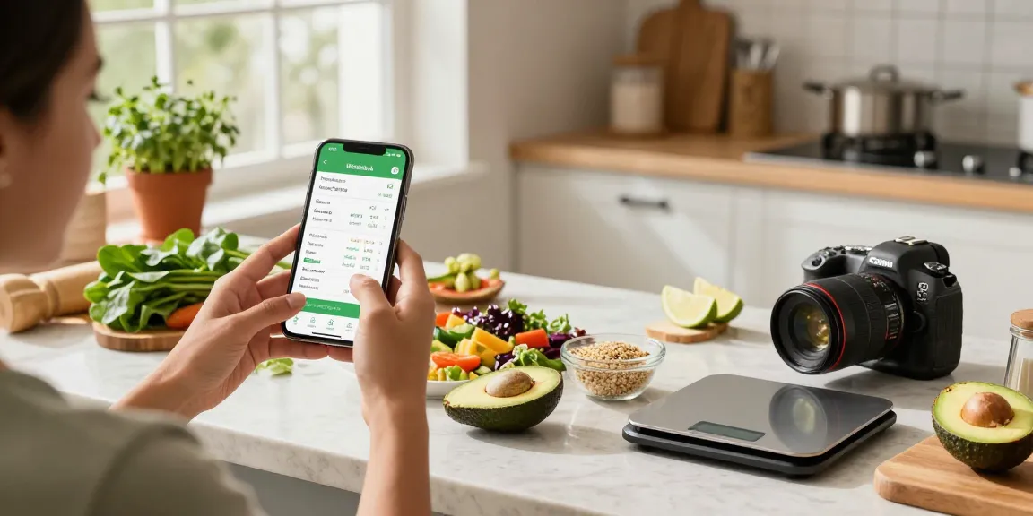 Healthy meal tracking with the best calorie tracker app on a smartphone in a bright kitchen.