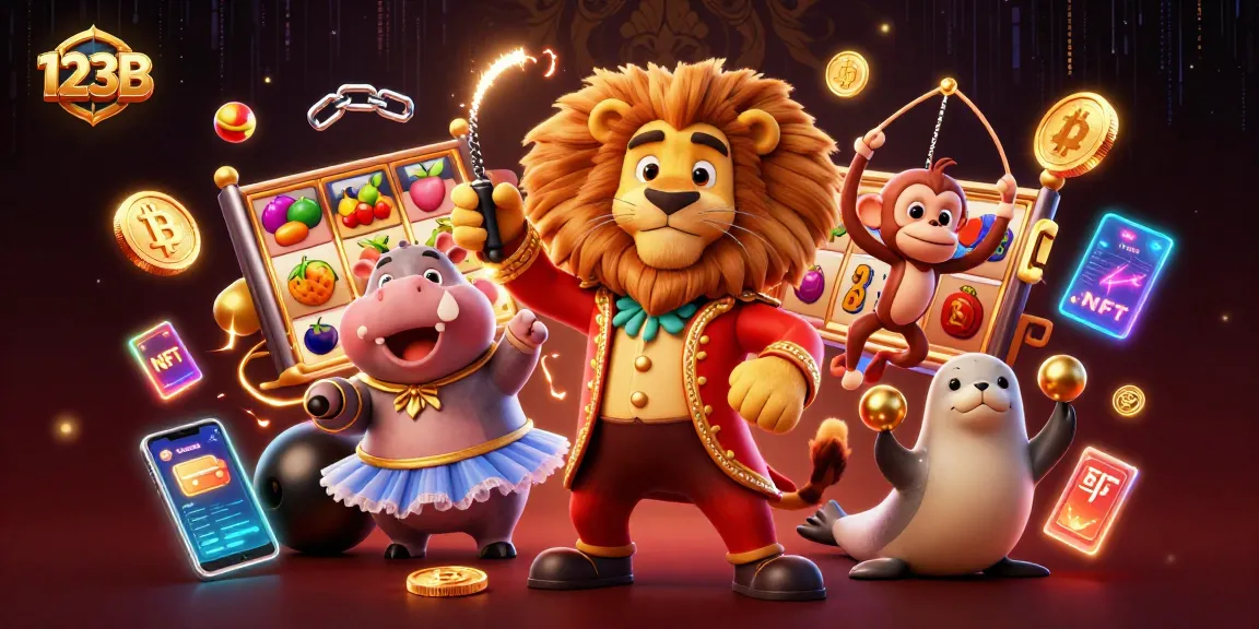 Catch the thrill at 123B with a vibrant circus theme showcasing an energetic lion, hippo, and monkey amid casino elements.