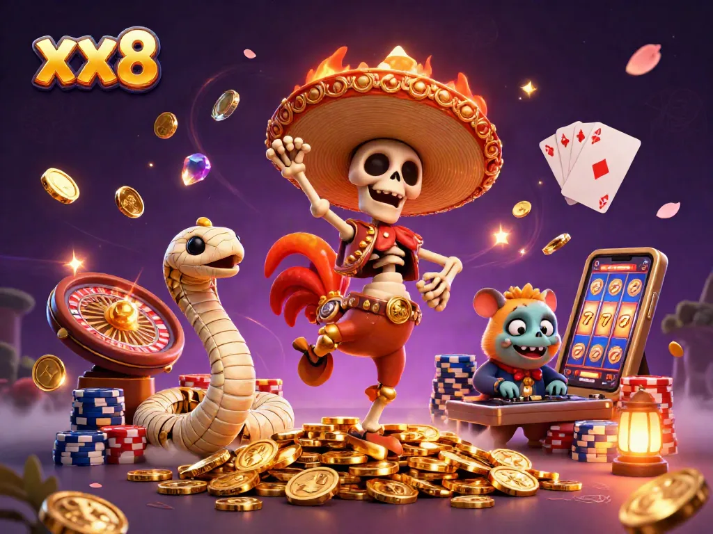 Spin to win with xx8, featuring a gaming scene filled with golden coins and vibrant characters.