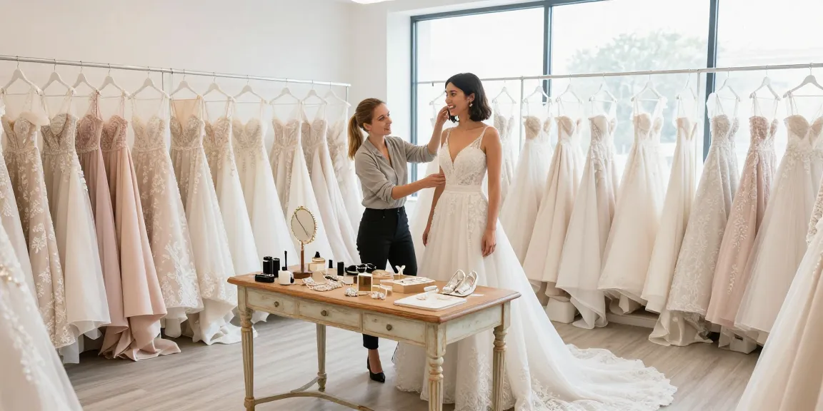 Stylistica nuziale: sposa prova abiti da sposa personalizzati in boutique.