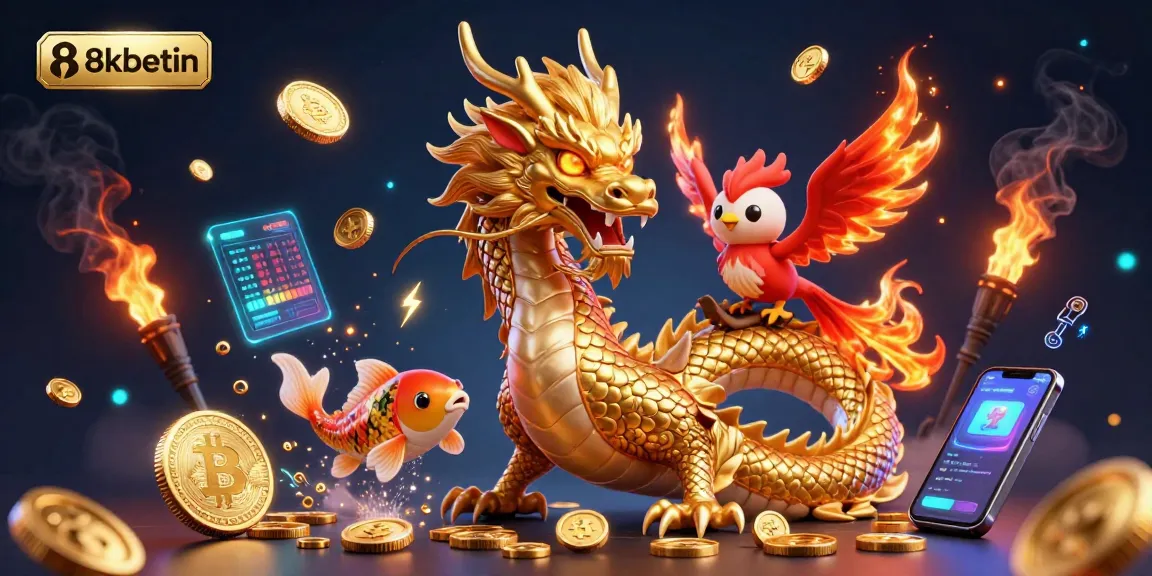 Bet with 8kbetin in an exciting 3D casino scene featuring a golden dragon and coins.