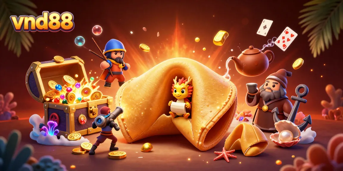 Experience thrilling gaming at vnd88 with a dynamic vibrant casino scene featuring fortune cookies and treasure.