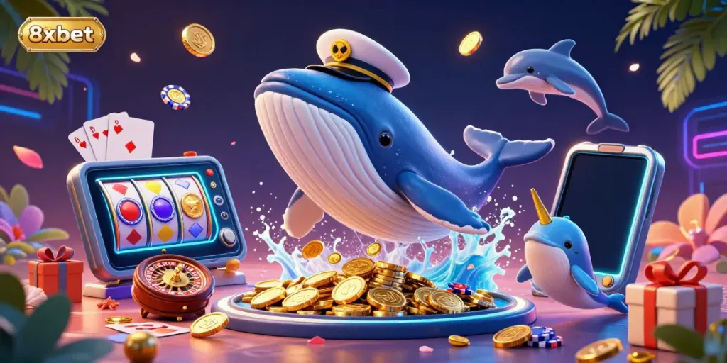 Experience the thrill of gaming with 8xbet’s vibrant underwater scene featuring a whale and dolphins.