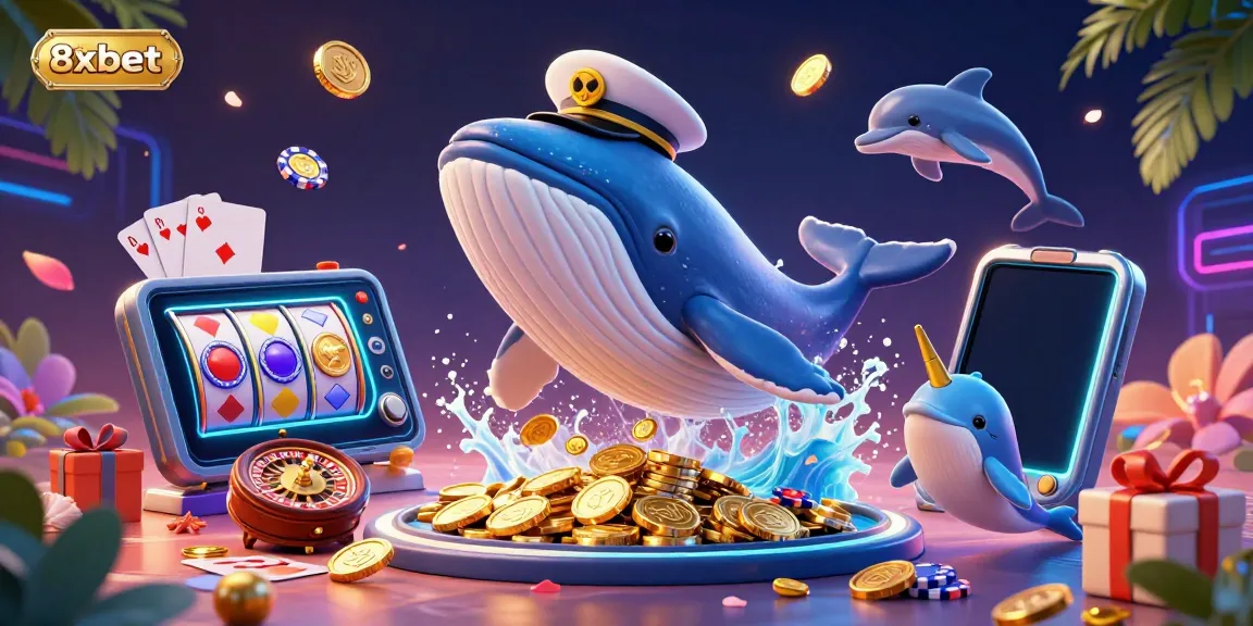 Experience the thrill of gaming with 8xbet’s vibrant underwater scene featuring a whale and dolphins.