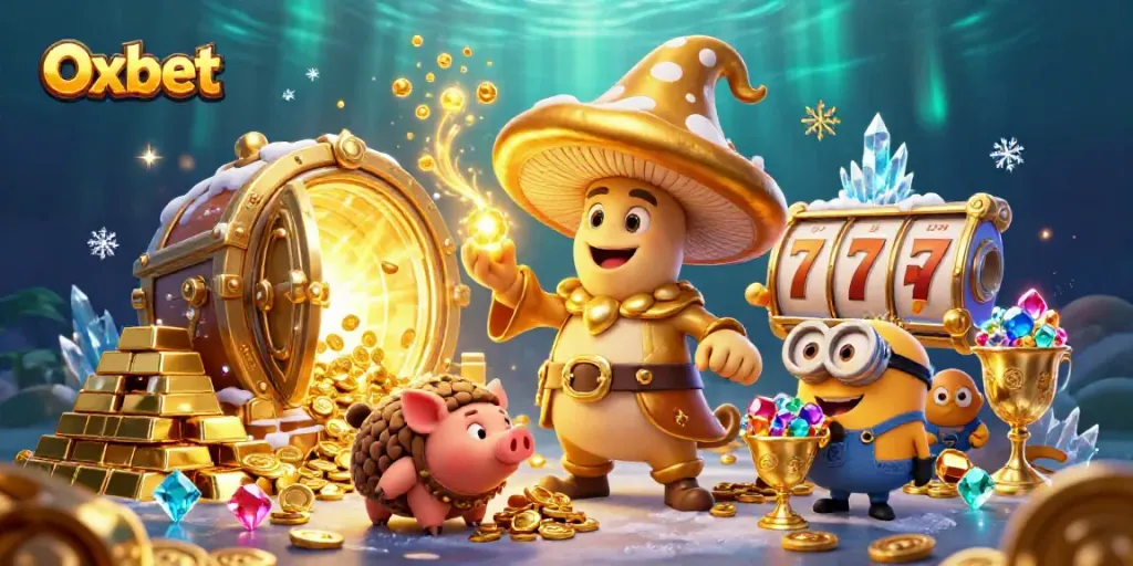 Experience thrilling gameplay on Oxbet with a magical golden wizard conjuring treasure in a vibrant casino illustration.