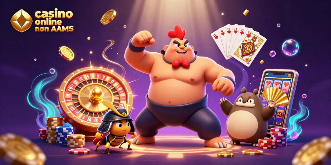 Gioca nei casino online non AAMS mentre un lottatore sumo e un grillo combattono con energia e oro ovunque.