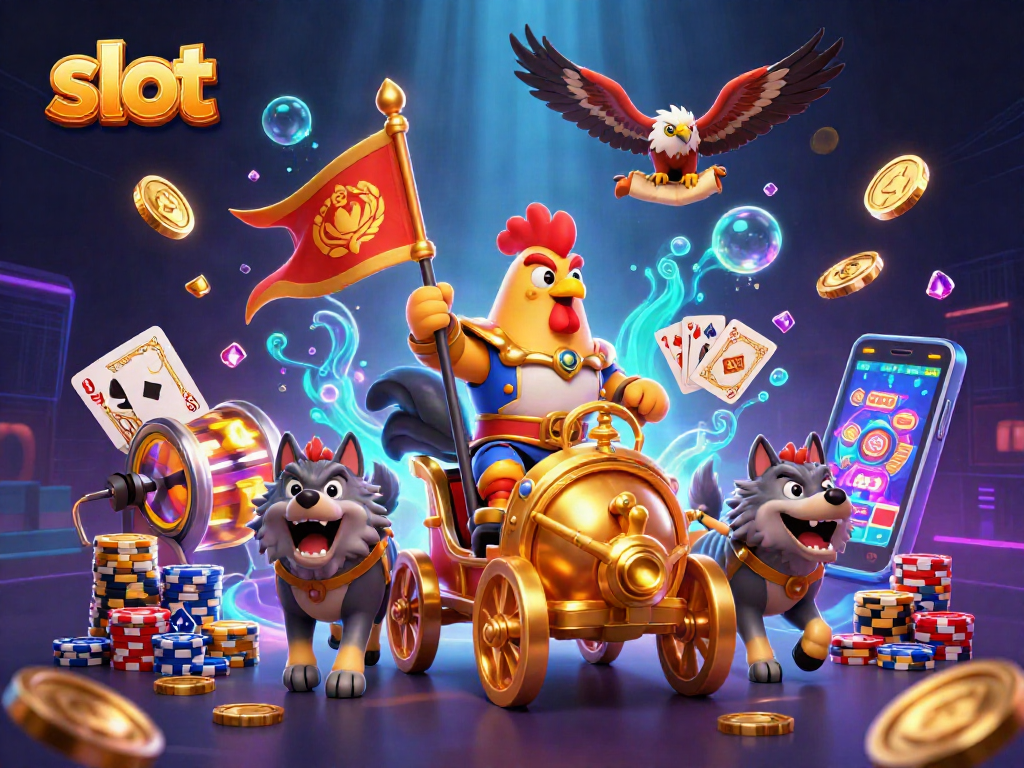 Slot dimainkan dengan mesin slot modern yang dikelilingi oleh koin emas dan permata.