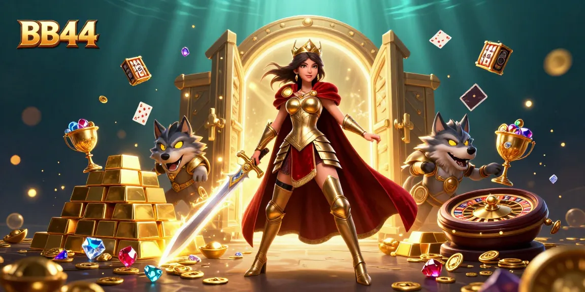 Engage in thrilling gameplay with BB44, showcasing a warrior queen, treasure, and vibrant casino elements.