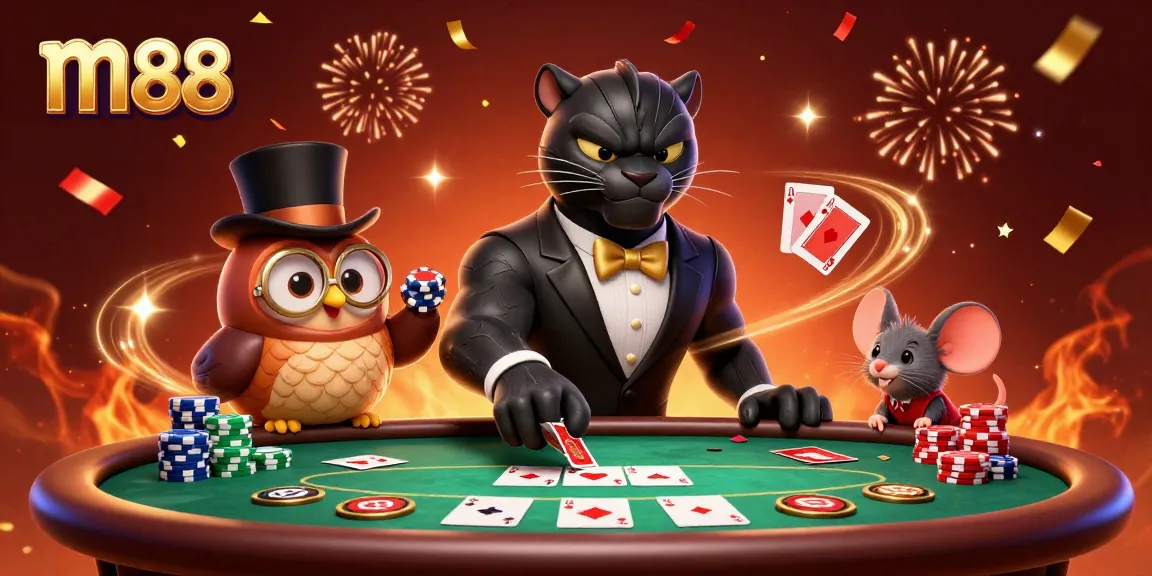 Engage in thrilling poker gameplay with m88, featuring a stylish panther dealer and vibrant casino elements.