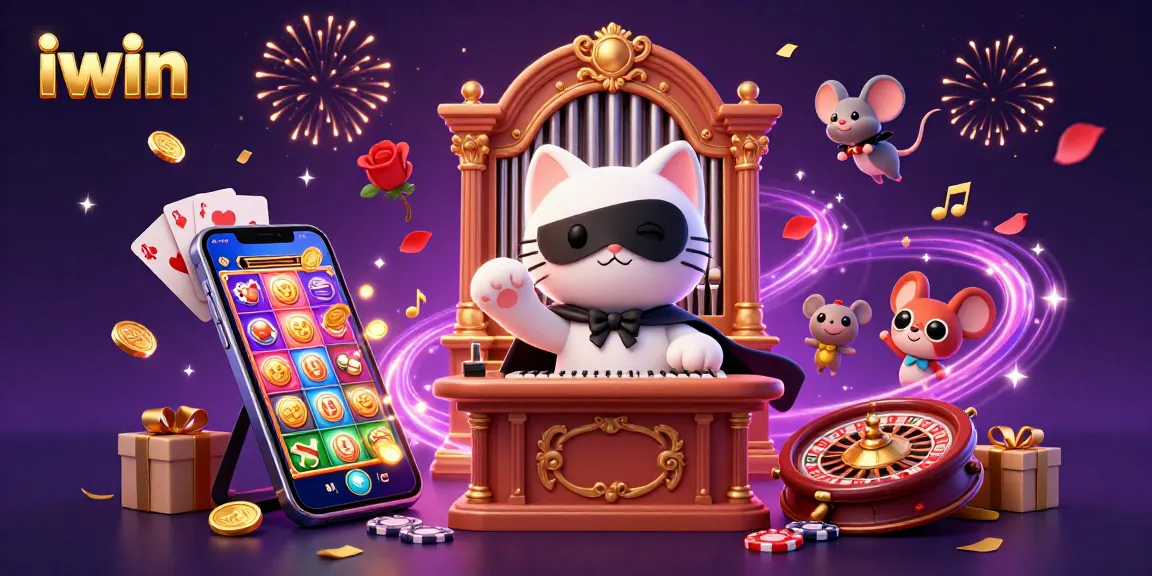 Experience excitement with iwin in this colorful casino-themed 3D illustration featuring playful characters.