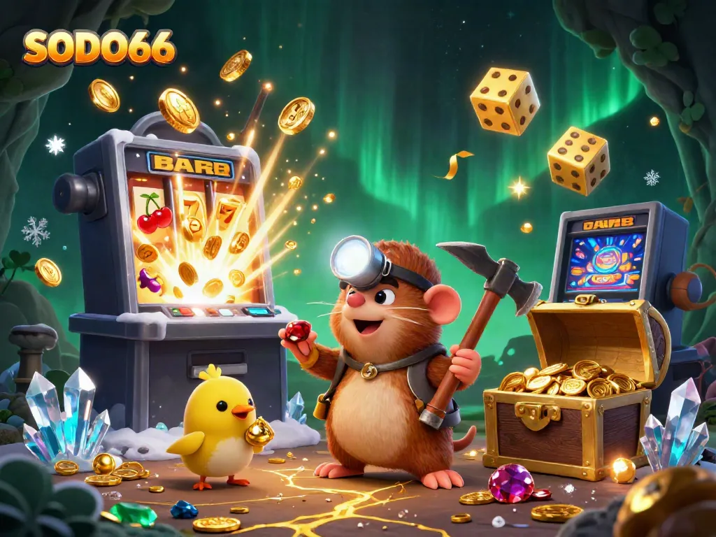 SODO66 immersive 3D illustration showcasing a treasure hunter mole mining gems amidst a vibrant casino scene