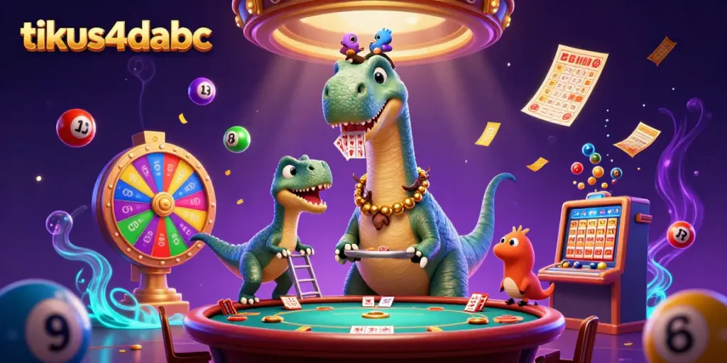 Gambarkan petualangan dengan tikus4dabc yang menarik di kasino, menampilkan karakter dinosaurus lucu dan raptor.