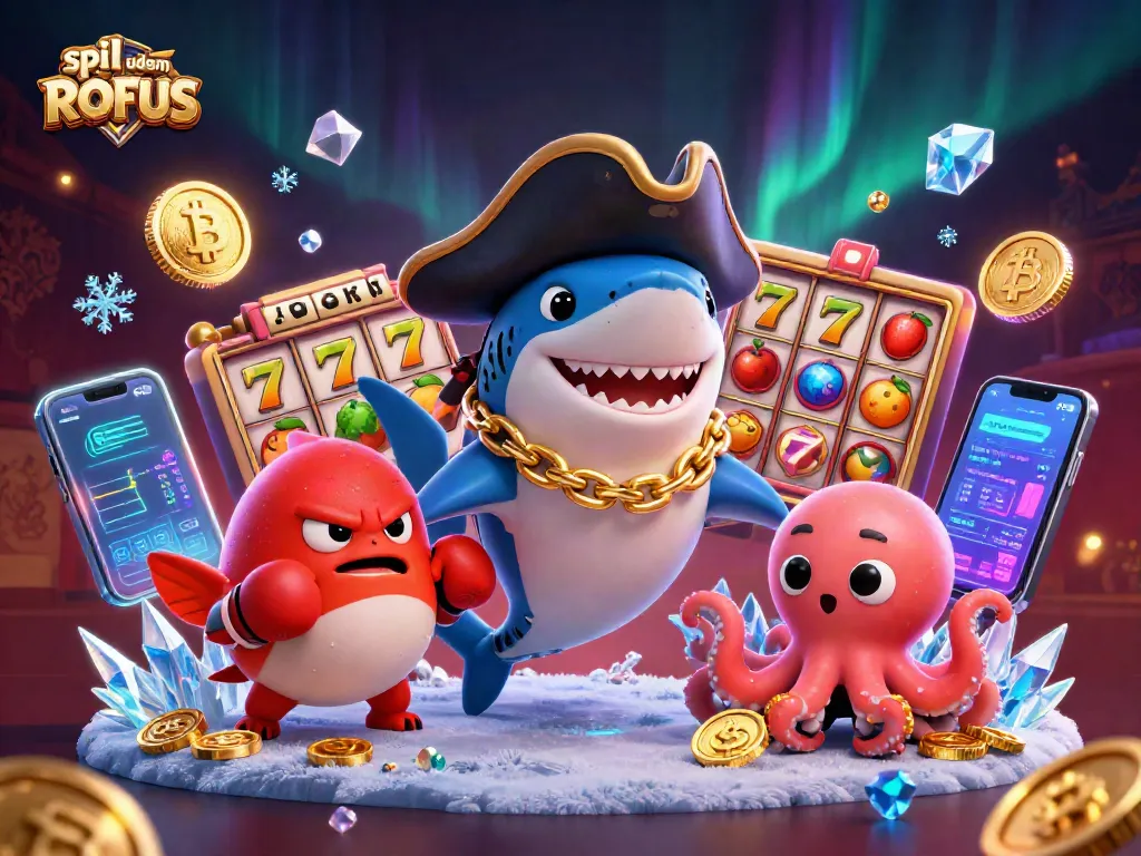 Engage with spil uden om ROFUS in this vibrant 3D casino scene featuring playful characters and dynamic gaming elements.