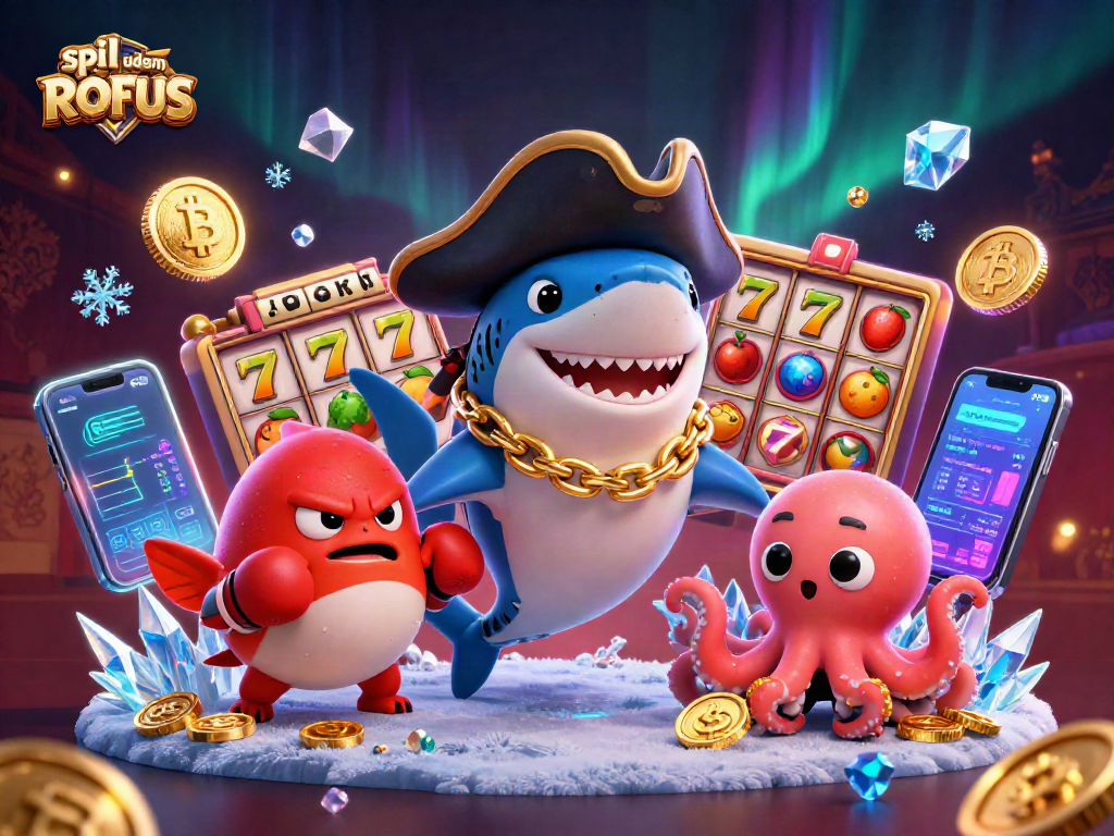 Engage with spil uden om ROFUS in this vibrant 3D casino scene featuring playful characters and dynamic gaming elements.