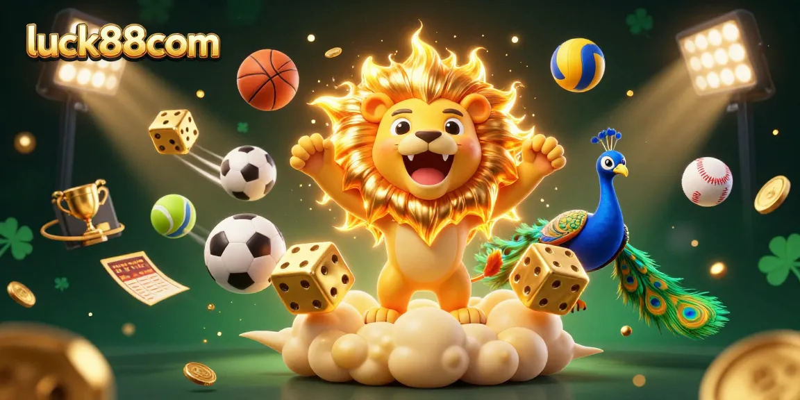 Engage with luck88com in vibrant casino adventures featuring a cartoon sun lion, golden dice, and dynamic gaming elements.