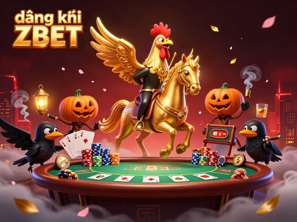 Experience the thrill of đăng ký ZBET with a vibrant 3D casino scene showcasing a golden rooster, poker elements, and festive lanterns.