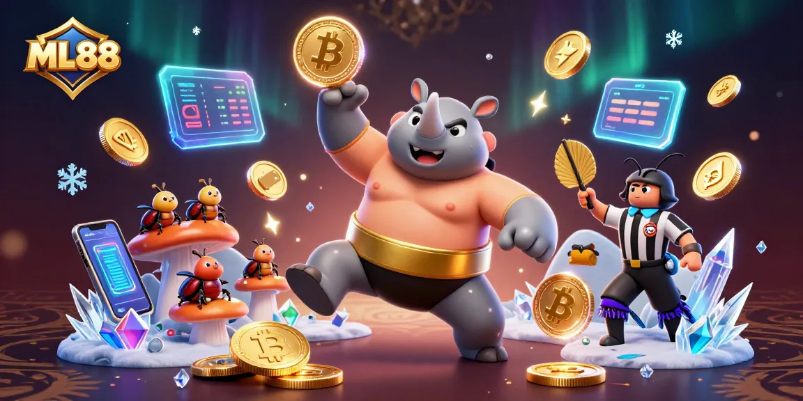 Experience the thrilling energy of ML88 casino with a sumo champion beetle amidst gold coins and crypto elements.