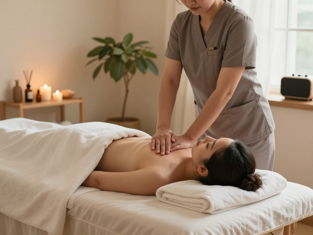 Experience 출장안마 in the comfort of home with a professional therapist creating a serene atmosphere.
