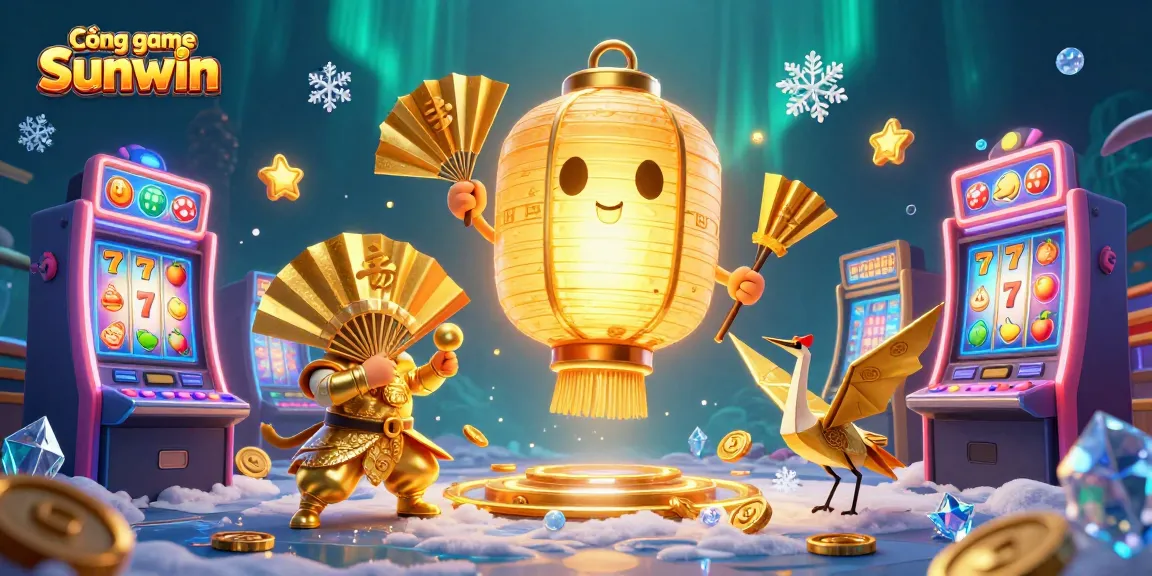 Engage with Cổng game Sunwin through a vibrant 3D illustration of a golden lantern spirit and gaming elements.