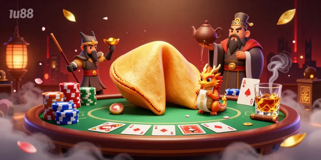 Engage in gaming magic at u88 with a spectacular 3D scene featuring a dragon, fortune cookie, and poker elements.