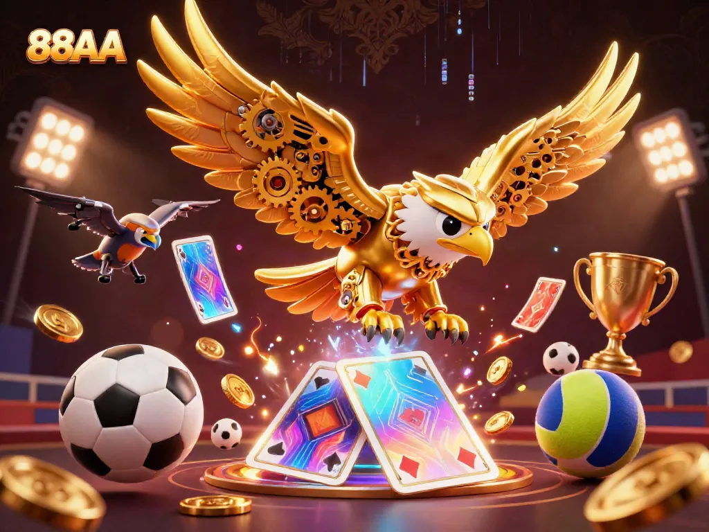 Engage with 88AA’s exhilarating online games through a dynamic 3D illustration featuring a cybernetic eagle and flying sports elements.