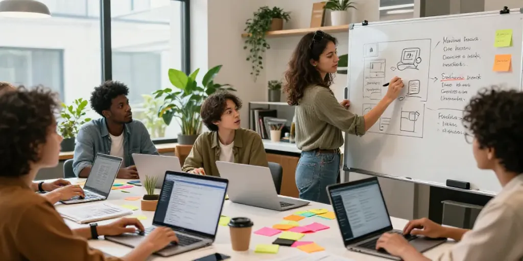 Collaboration in a co-working space focused on AI generated social media hooks.