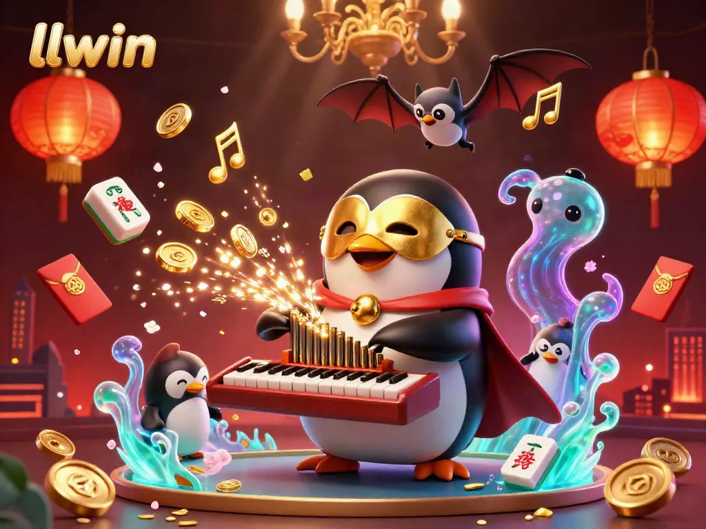 Experience llwin's dynamic casino atmosphere with an opera penguin at a golden pipe organ, surrounded by festive elements.