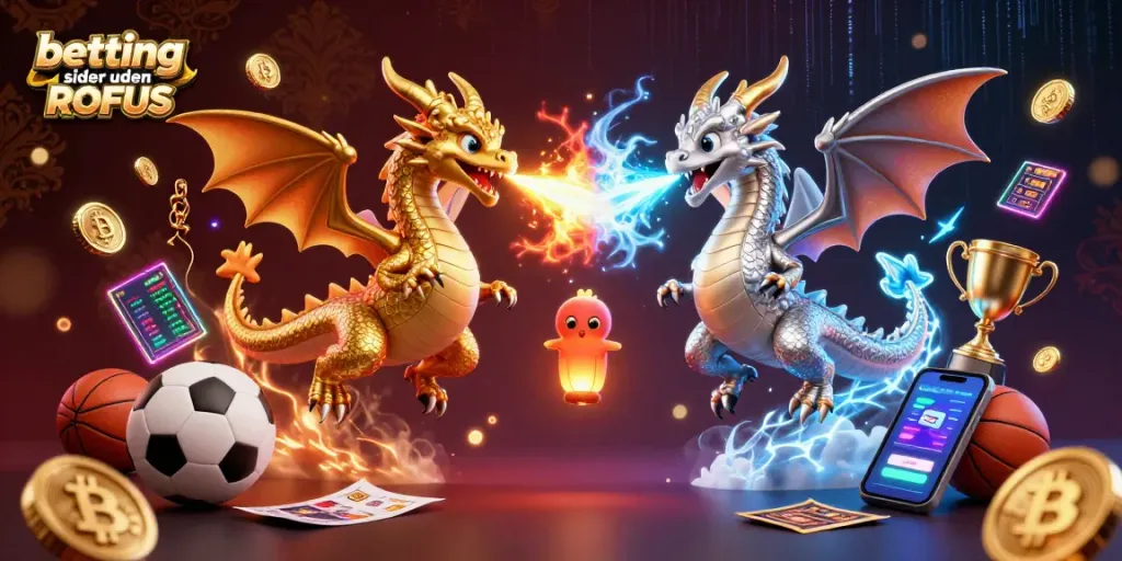 Explore betting sider uden ROFUS with dynamic sports symbols and intricate 3D dragons in action.