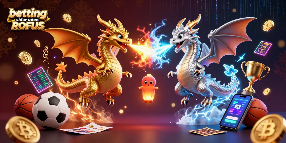 Explore betting sider uden ROFUS with dynamic sports symbols and intricate 3D dragons in action.