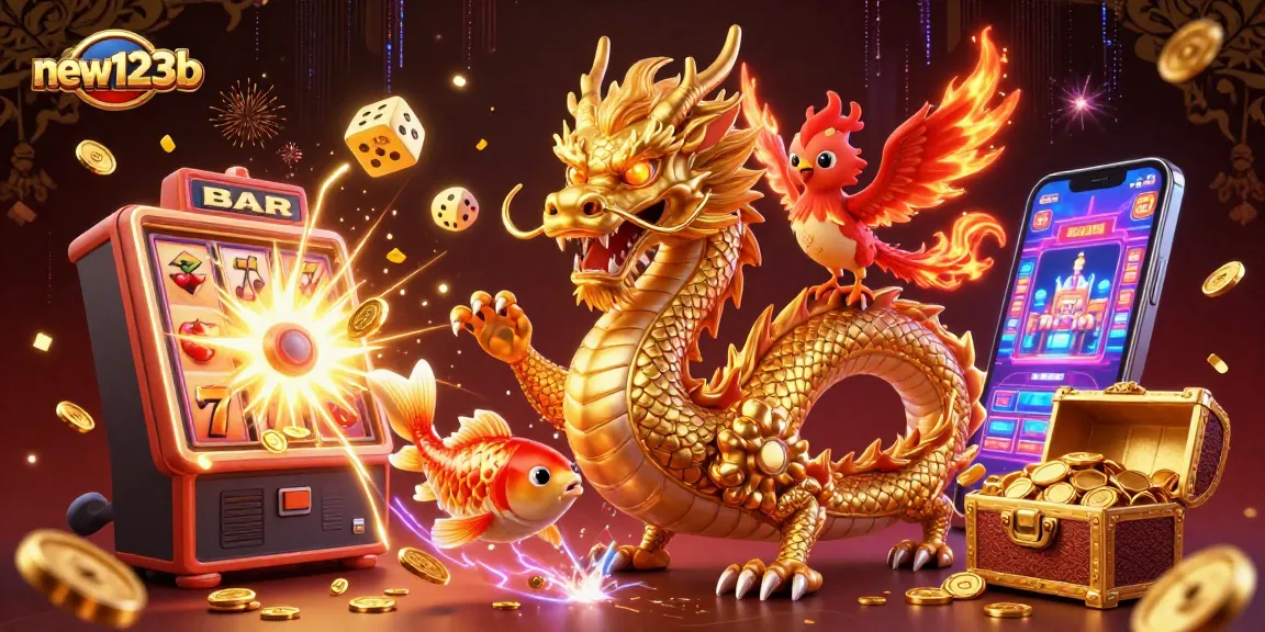 Experience the thrill of winning at new123b with vibrant 3D casino elements, including a golden dragon and jackpot slots.