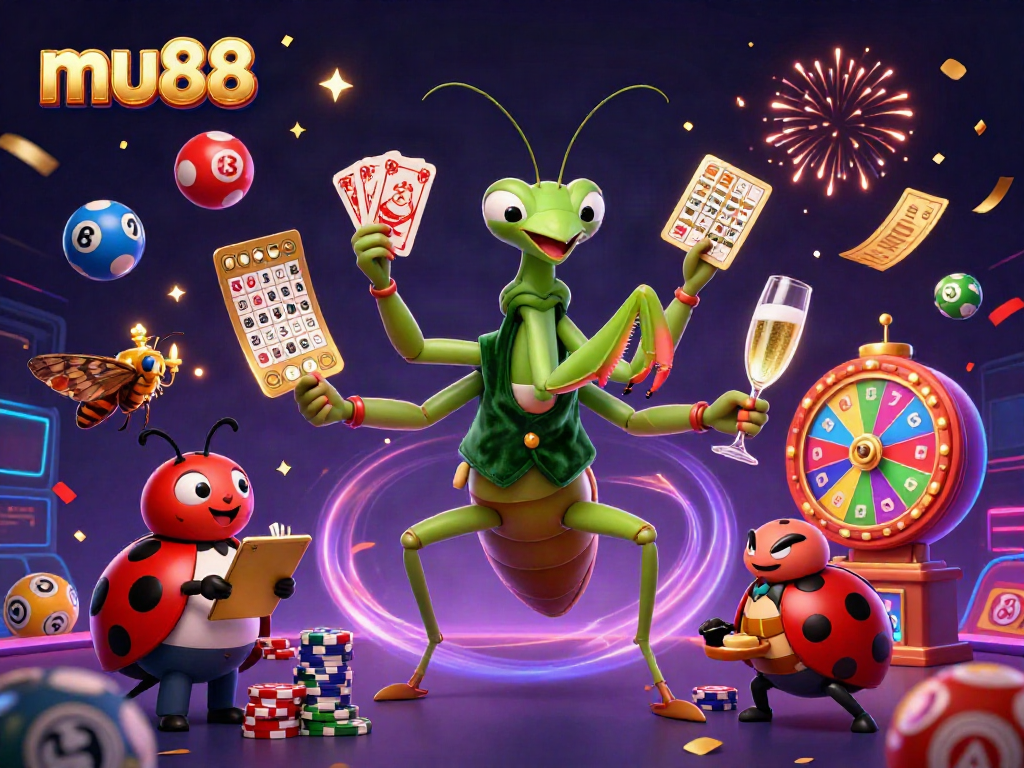 Engage in thrilling casino action at mu88, featuring a vibrant 3D scene with playing cards and colorful lottery balls.
