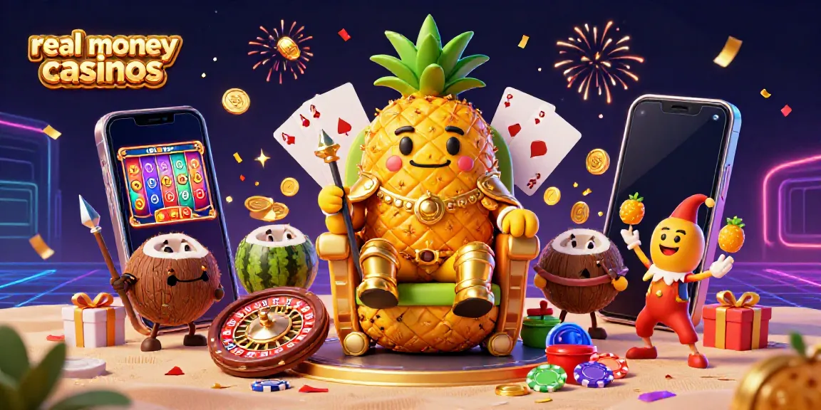Experience the excitement of real money casinos with this vibrant scene featuring a pineapple king and colorful casino games.