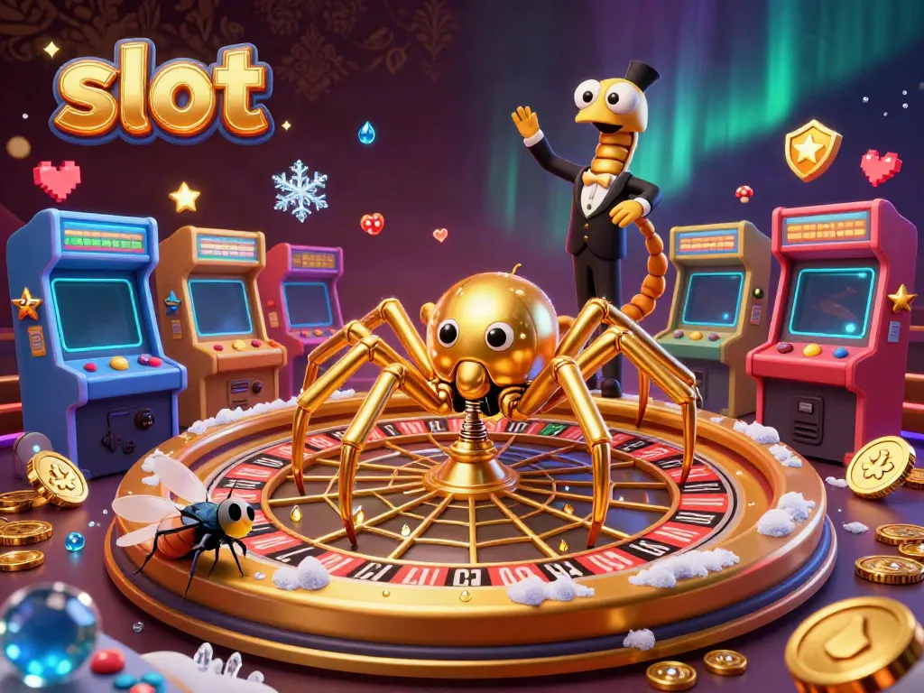 Explore exciting slot action with a golden spider croupier and colorful gaming elements.