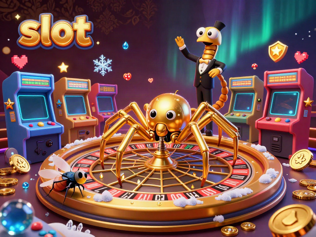 Explore exciting slot action with a golden spider croupier and colorful gaming elements.