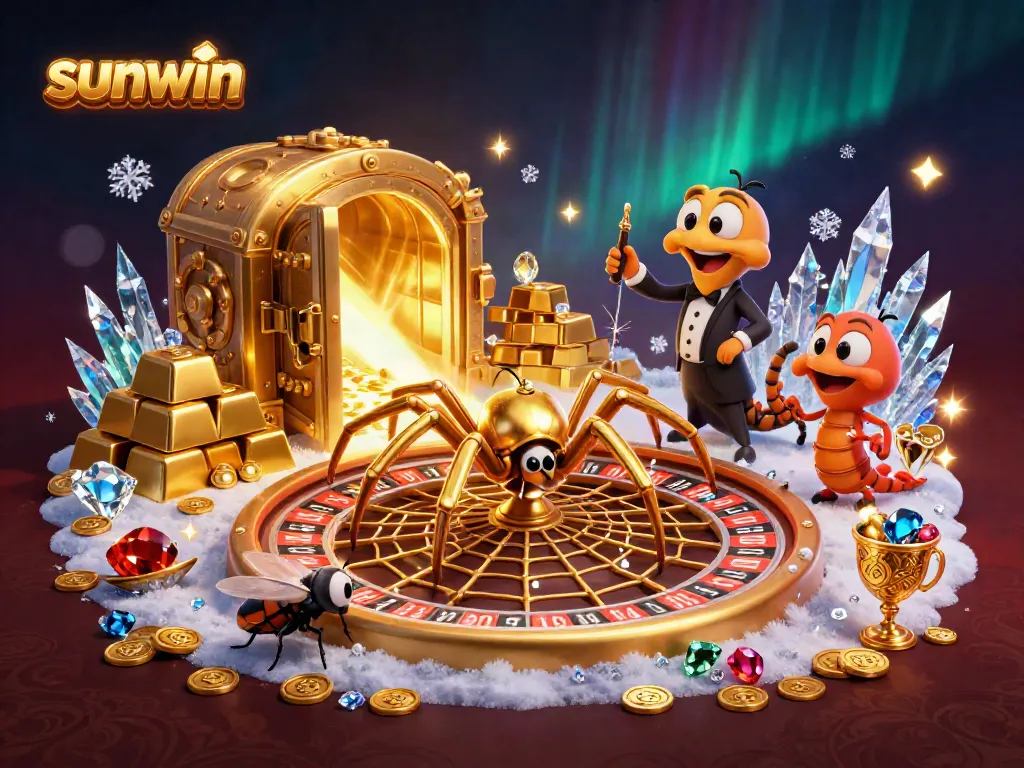 Watch the fly nervously betting at the roulette web in the luxurious sunwin casino scene.
