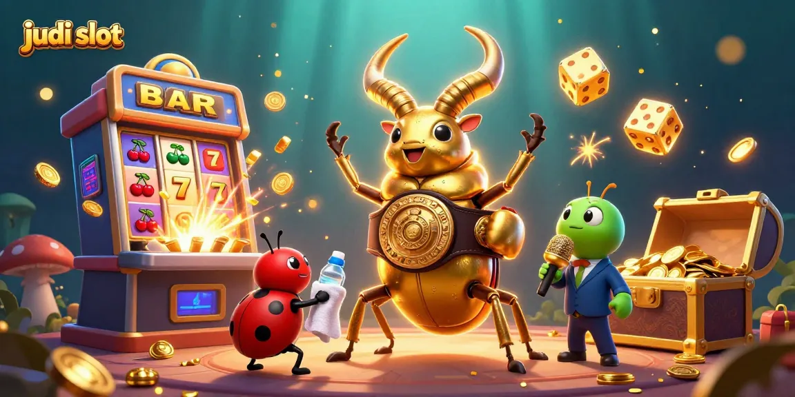 Engage in judi slot action with a vibrant 3D detailed scene featuring a giant beetle boxing champion amidst slot symbols.