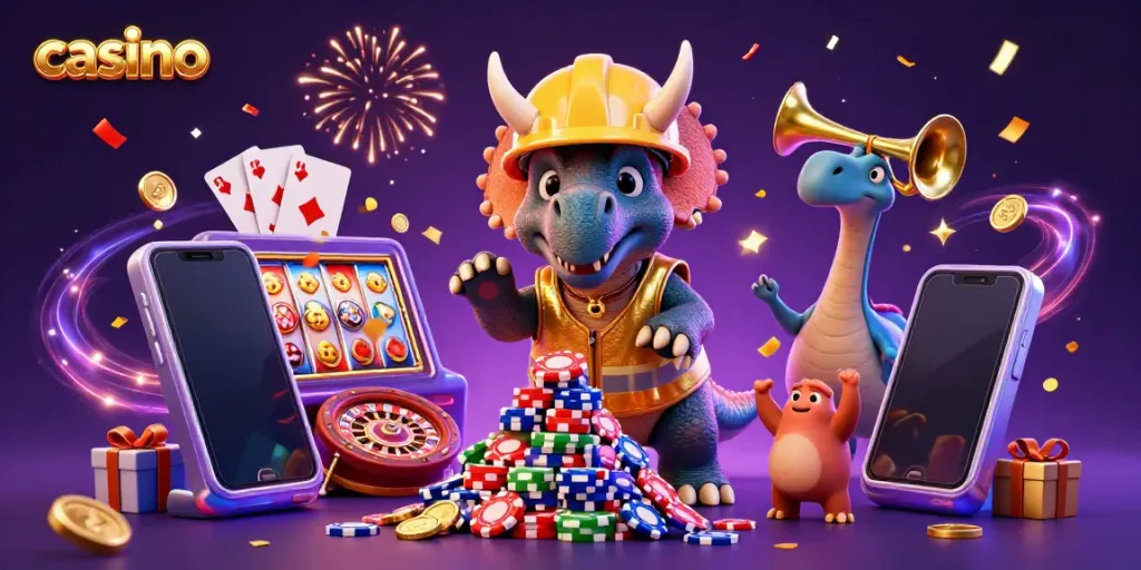 Cheerful 3D cartoon triceratops celebrates casino games amid colorful slot reels and poker chips.