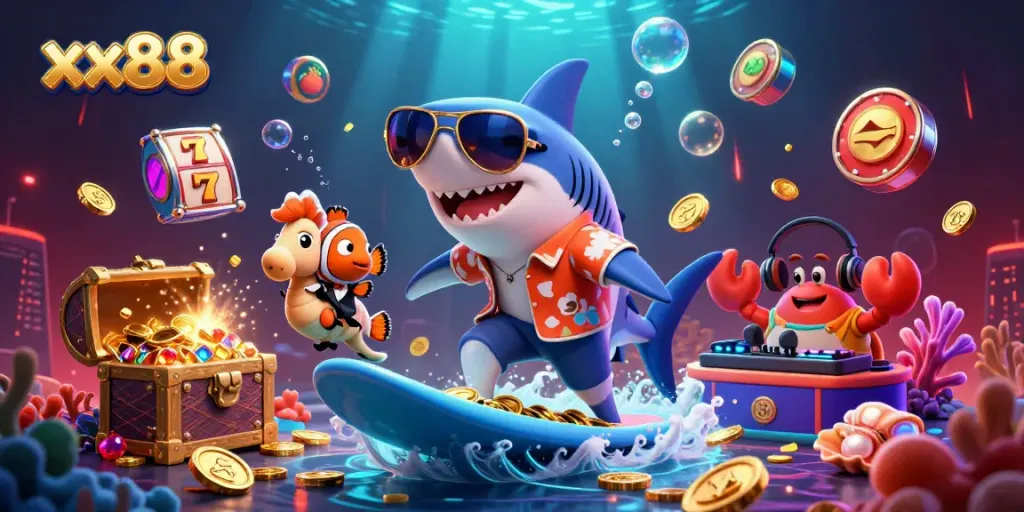 xx88 engaging players with a vibrant casino scene featuring gold coins, luck, and underwater fun.