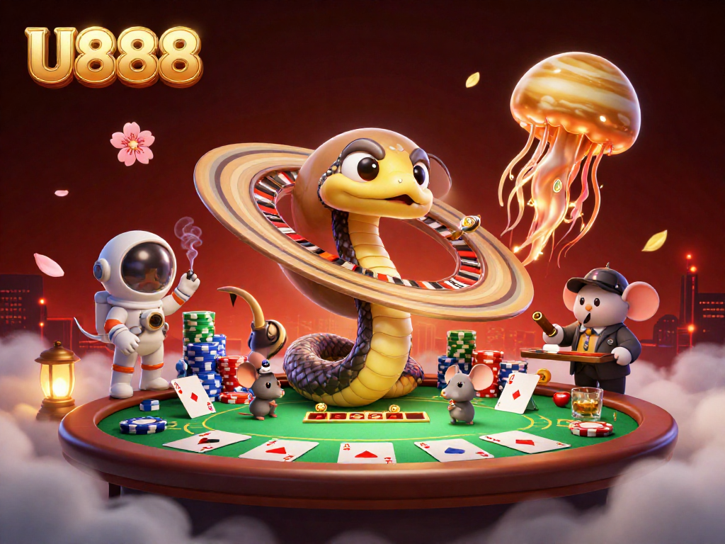 Experience U888 with a vibrant 3D casino scene featuring a Saturn snake, astronaut mice, and cosmic elements.