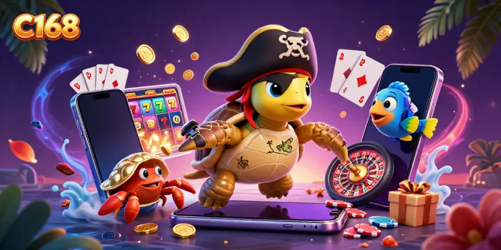 Engage with C168's exhilarating gameplay featuring a pirate turtle and friends amidst vibrant casino elements.