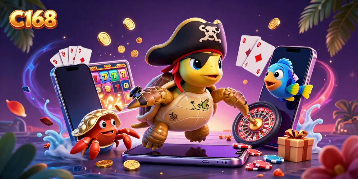 Engage with C168's exhilarating gameplay featuring a pirate turtle and friends amidst vibrant casino elements.