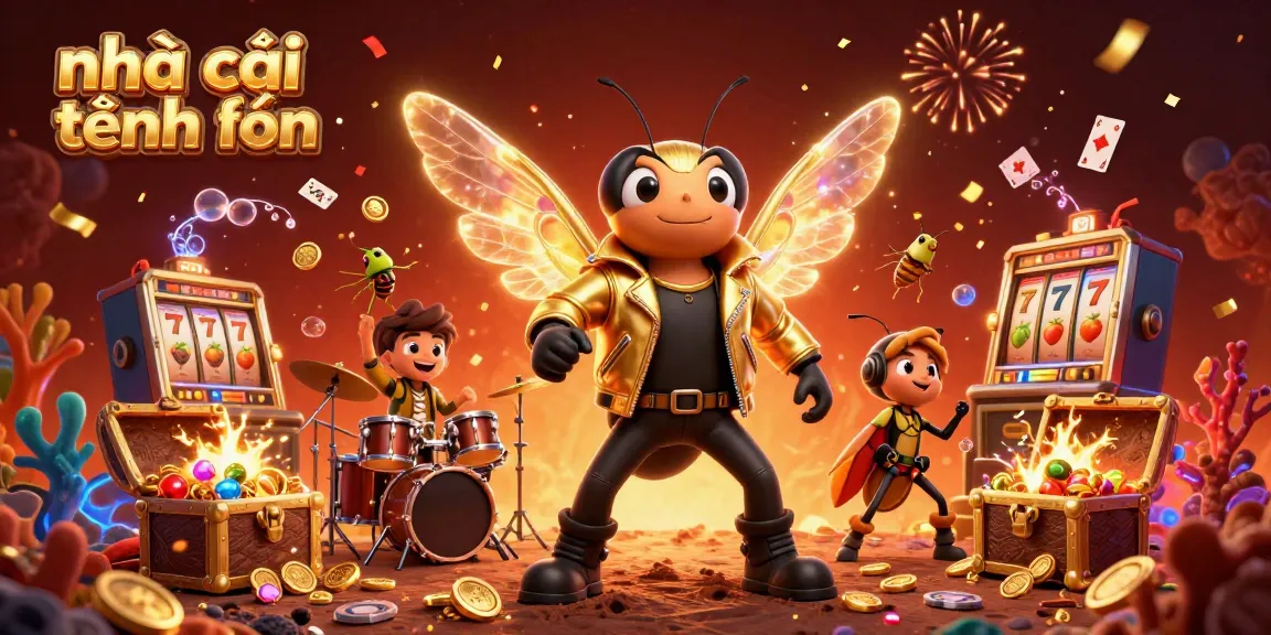 Experience the excitement of nhà cái tặng tiền with a vibrant 3D casino animation featuring colorful slot machines and a lively rock star scene.